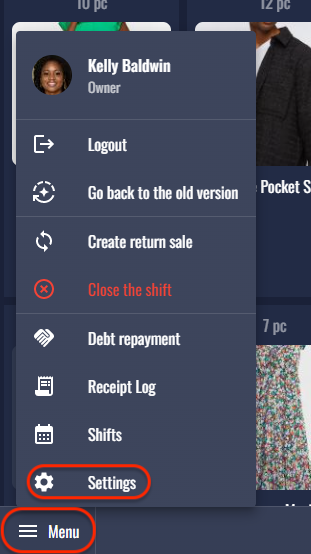 Меню настроек